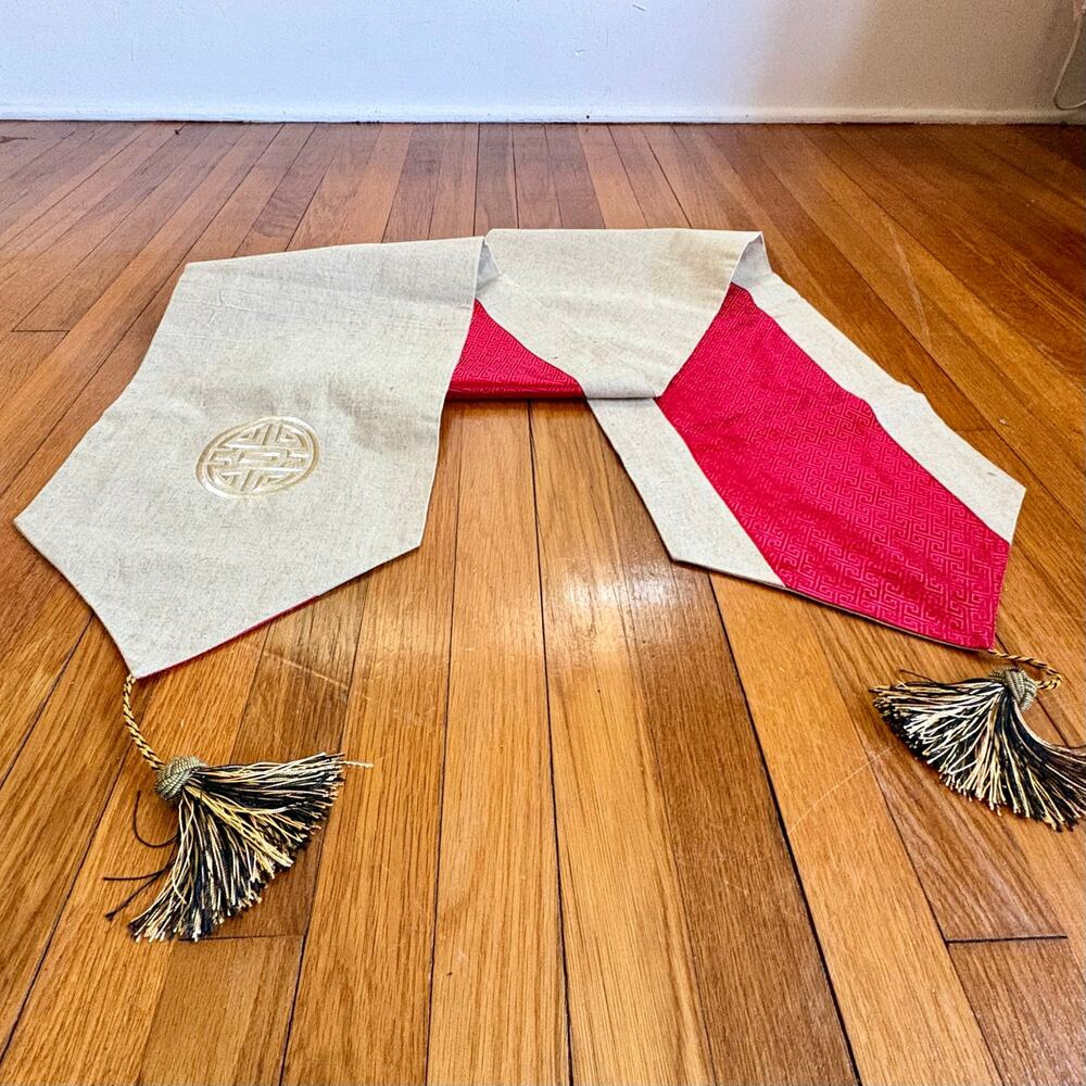 Reversible Asian Brocade Table Runner Red Tan Shou Tassels